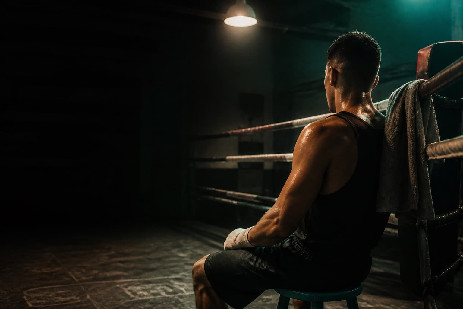 An anonymous fictional adult athlete rests in a ring corner after training.
