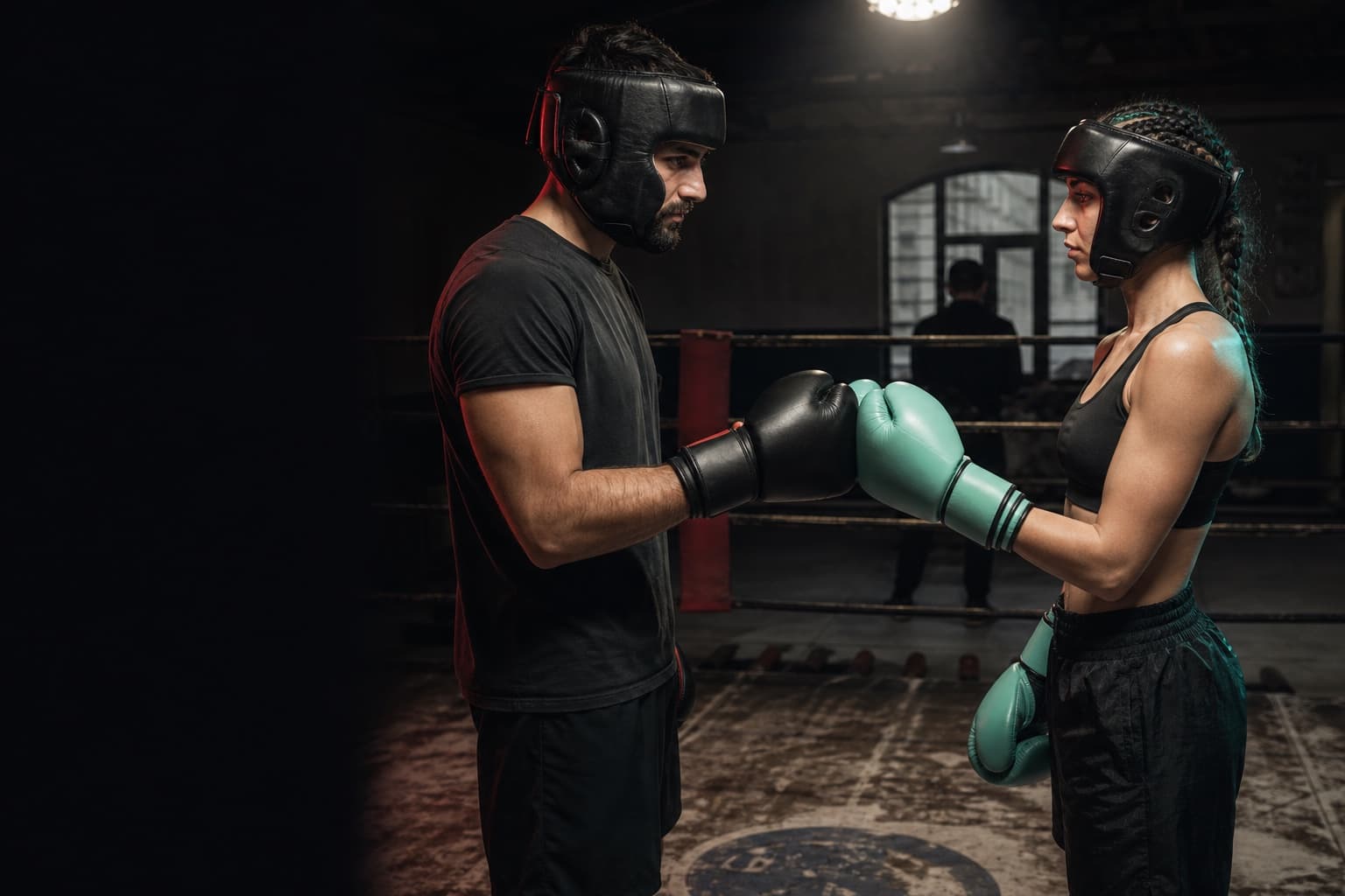 Two fictional adult fighters touch gloves respectfully before controlled technical sparring.