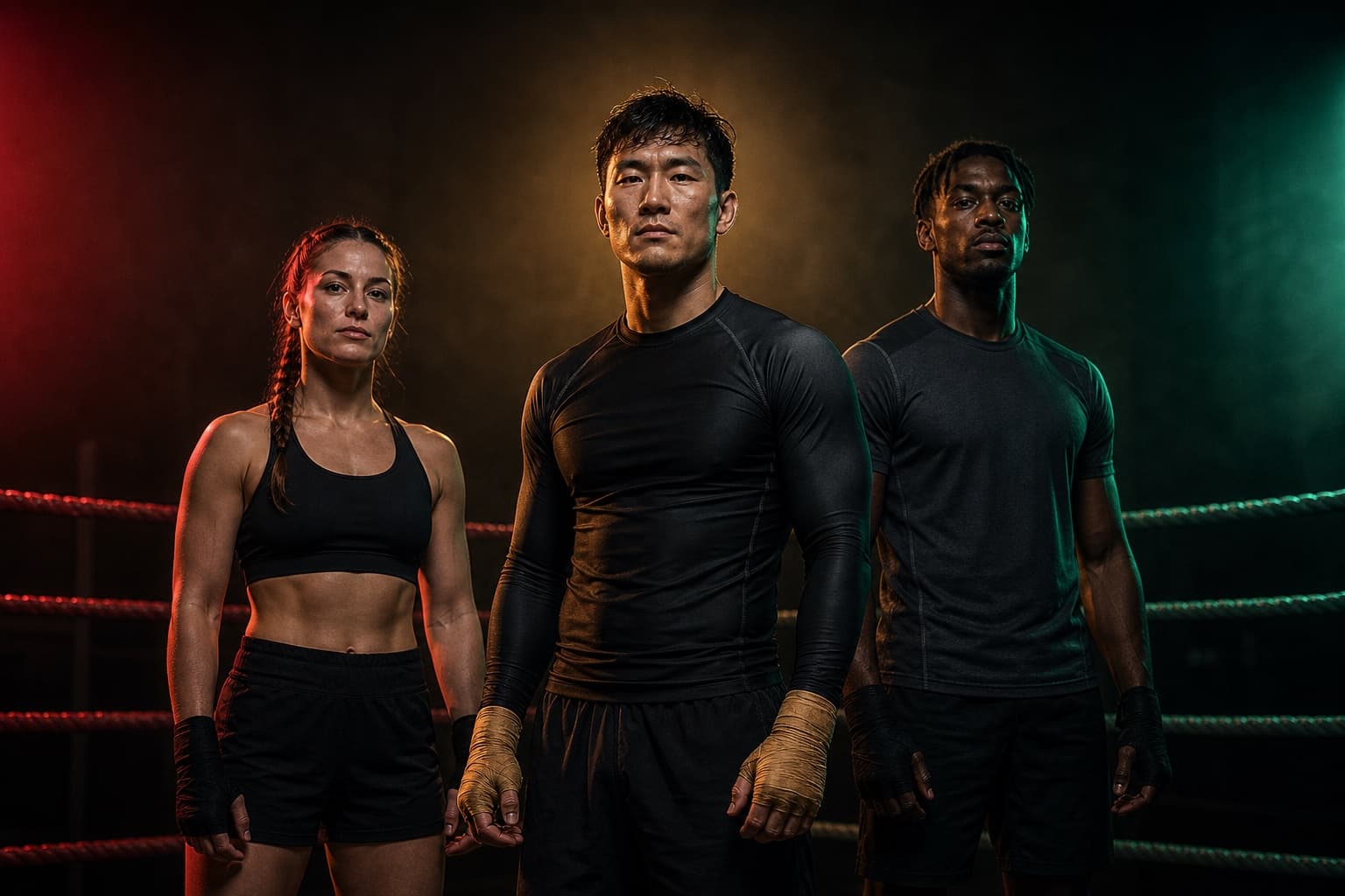 Three fictional adult combat athletes stand in a calm ranking portrait under red, gold, and mint ring light.