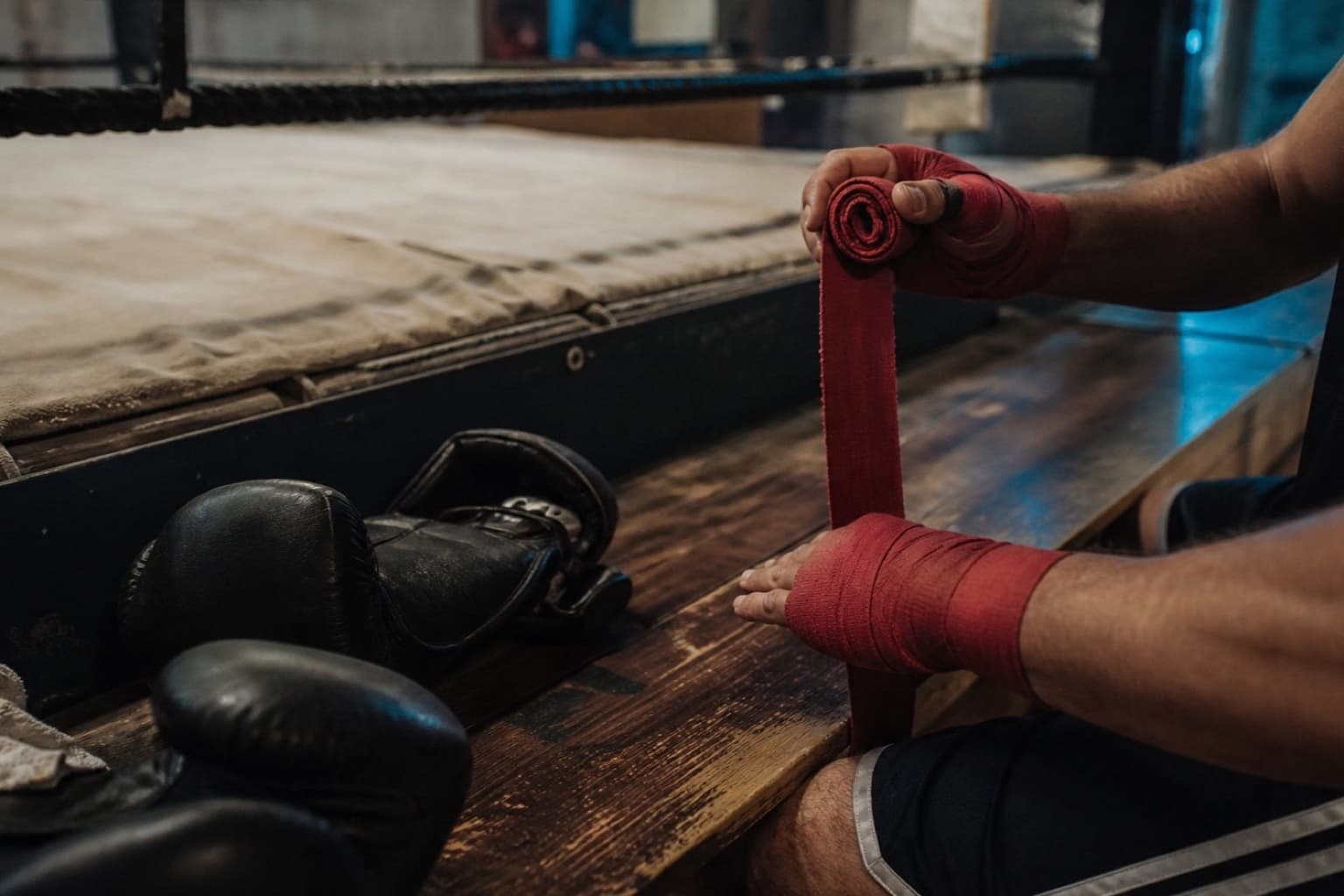 A fictional adult athlete carefully wraps their hands beside worn gloves and a boxing ring.