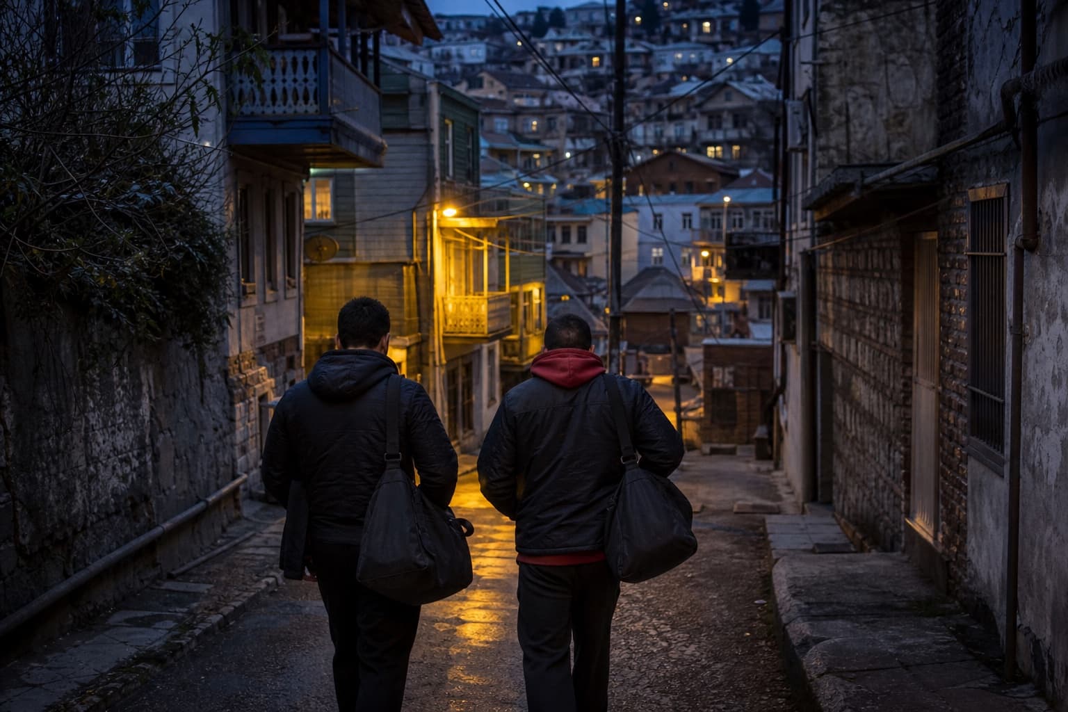 Two fictional adult athletes carry gym bags through a lived-in Tbilisi neighborhood at blue hour.